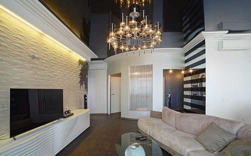 Черный натяжной потолок: фото белого в интерьере, глянец и матовый с рисунком, дизайн и цвета