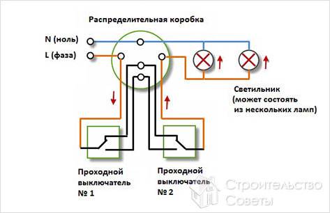 Схема подключения двухклавишного проходного выключателя - инструкция подключения