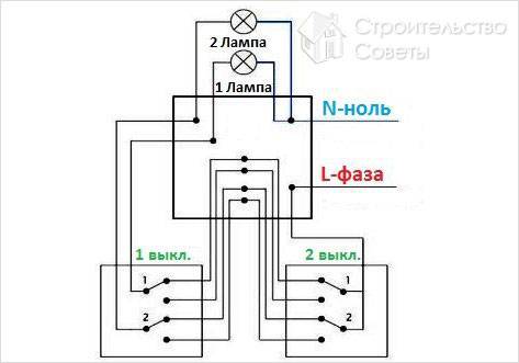 Схема подключения двухклавишного проходного выключателя - инструкция подключения