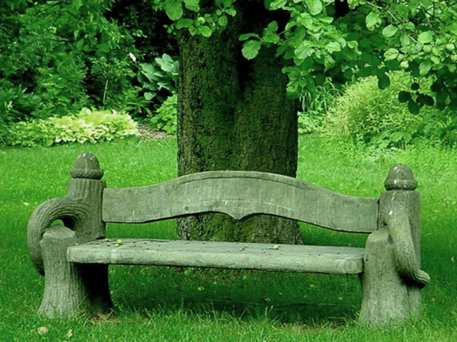 Уютная скамейка в тени сада