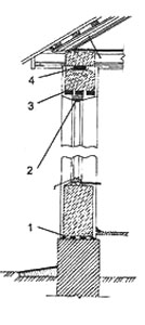  Рис. 1. Монолитная шлакобетонная стена 1. гидроизоляиионный слой; 2. зазор, используемый для осадки стены; 3. перемычка; 4. прокладка (осмоленная доска с изоляцией)