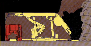 Схема механизированной крепи с выпуском угля из кровли в призабойное пространство с завальной стороны (через ограждение)