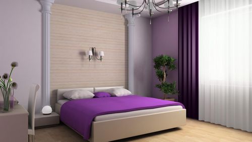 Фиолетовые спальни: фото дизайна, тона и цвет в интерьере с белой мебелью