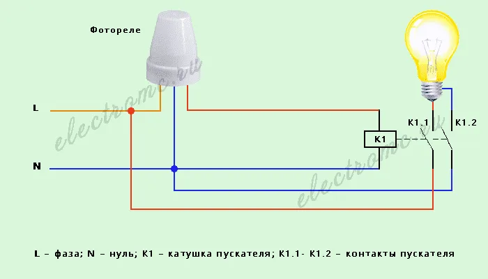 Схема подключения фотореле с пускателем